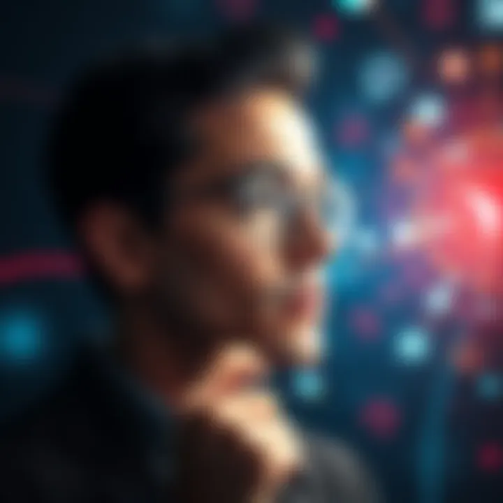 A person listens to a subliminal audio with a thoughtful expression, surrounded by light and symbols representing thoughts and coincidences.