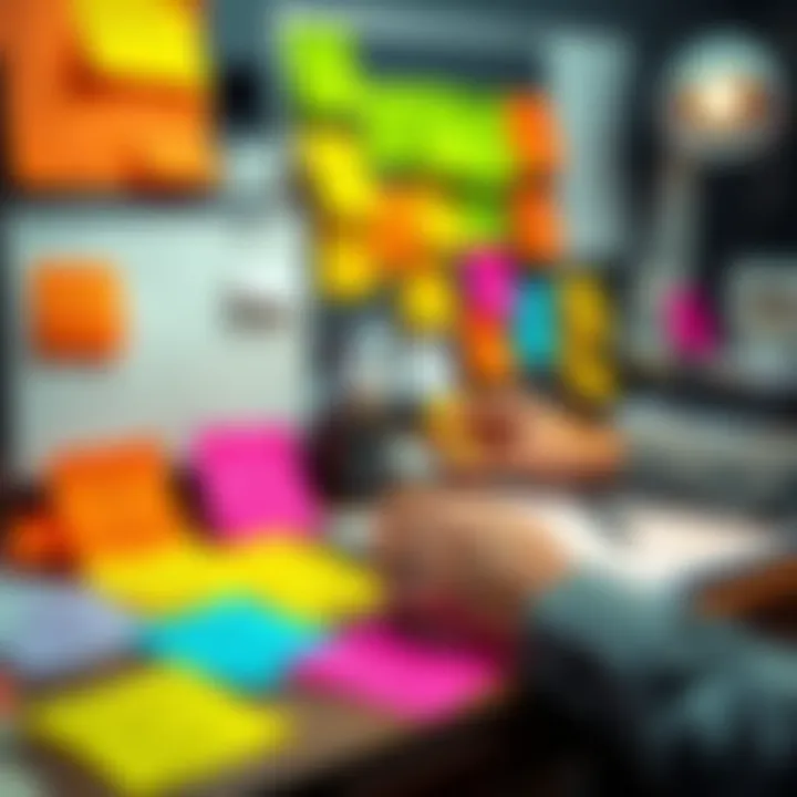A creative workspace featuring colorful sticky notes with motivational phrases. A person is brainstorming new subliminal messages on a desk.