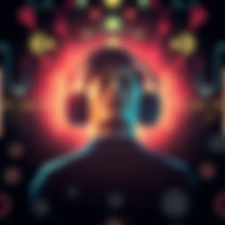 A person listening to audio with headphones, surrounded by sound waves and symbols representing subliminal messages.