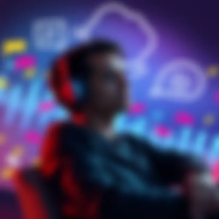 A person listening to subliminal messages with headphones, looking relaxed while seated. Visual representations of sound waves and thought bubbles around them indicate mental activity.