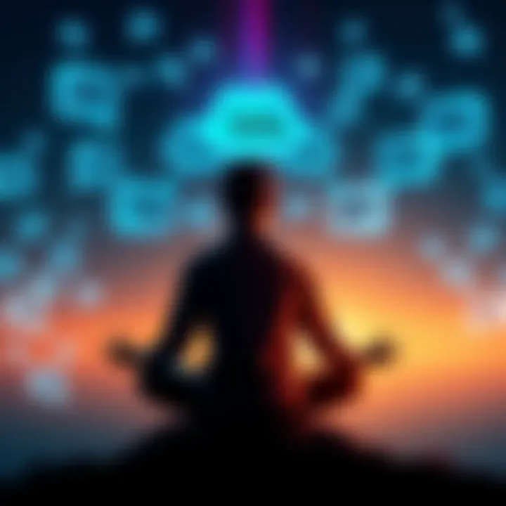 A person meditating with thought bubbles representing messages from their specific person, surrounded by calming colors and patterns.