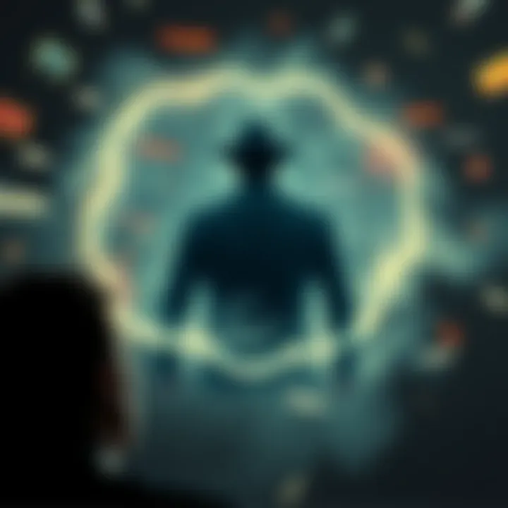 A person looking at a dark figure resembling a mafia boss in a dreamlike state, surrounded by floating words and images representing thoughts and beliefs.