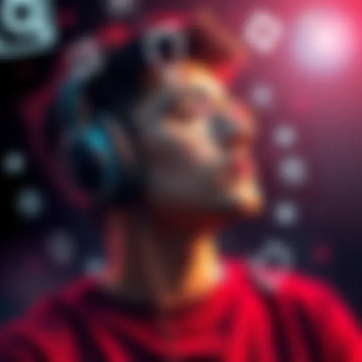 Subliminal Messaging Concept A person listening to audio with headphones, surrounded by floating symbols representing subliminal messages, showing the idea of personal growth and effectiveness in messaging.