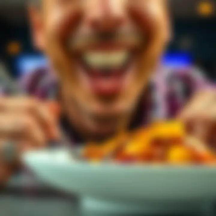 Subliminal Messaging and Onions A person smiling while enjoying a plate of cooked onions, showing a positive reaction to the food.