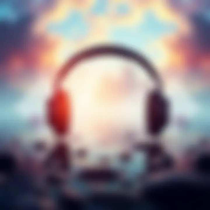 A calming scene with headphones, sound waves, and a peaceful nature background representing healing music.