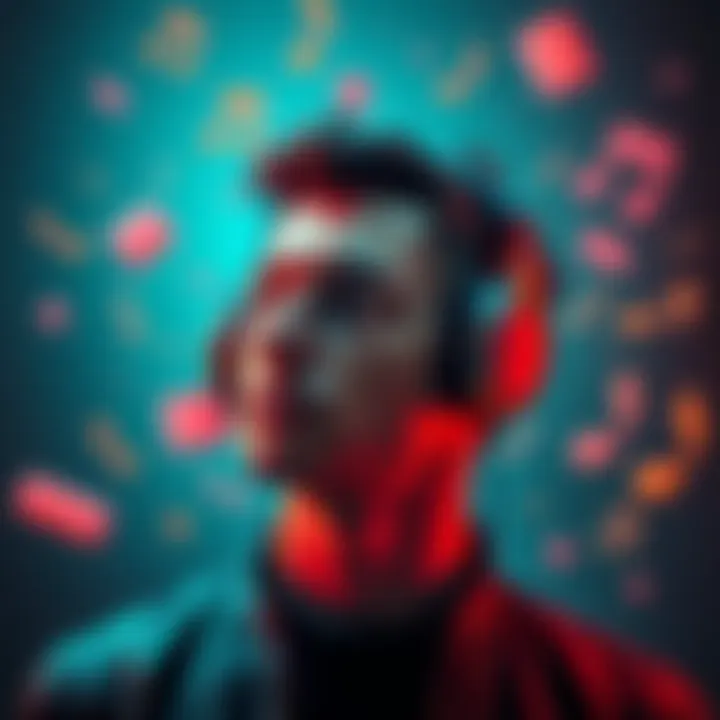 A person listening to headphones, surrounded by notes and symbols representing affirmations and topics, illustrating the choice between subliminal playlists and bundles.