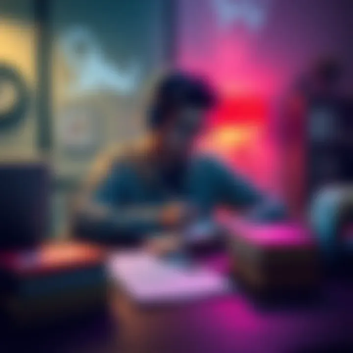 A person listening to subliminal tracks while studying with books and notes on the table