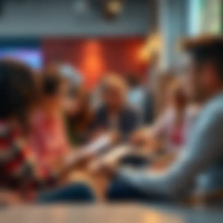 A group of people discussing various subliminal techniques for shifting success in a vibrant community setting, with notebooks and laptops open, sharing ideas and experiences.