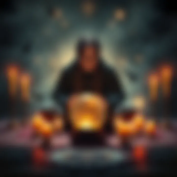 A person sitting cross-legged, focused on a glowing crystal ball, surrounded by candles and mystical symbols, representing subliminal spell work.