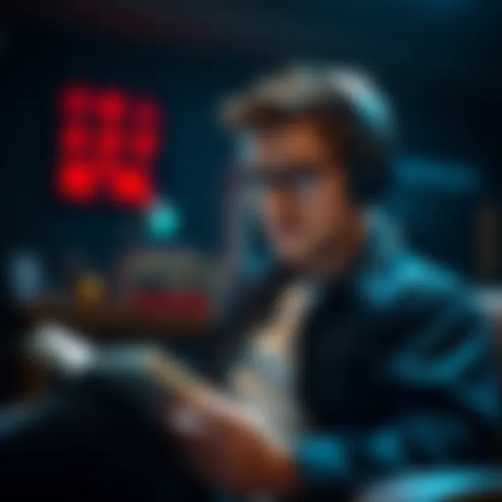 A person listening to subliminal audio with headphones and a notebook, taking notes on their progress.