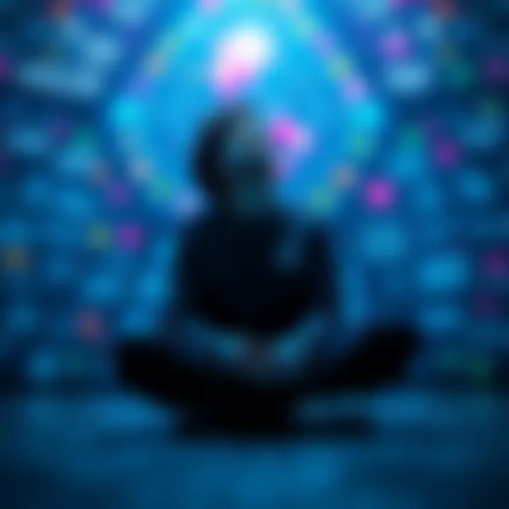 A person sitting peacefully, surrounded by inspirational quotes and imagery, focusing on personal growth through subliminal methods.