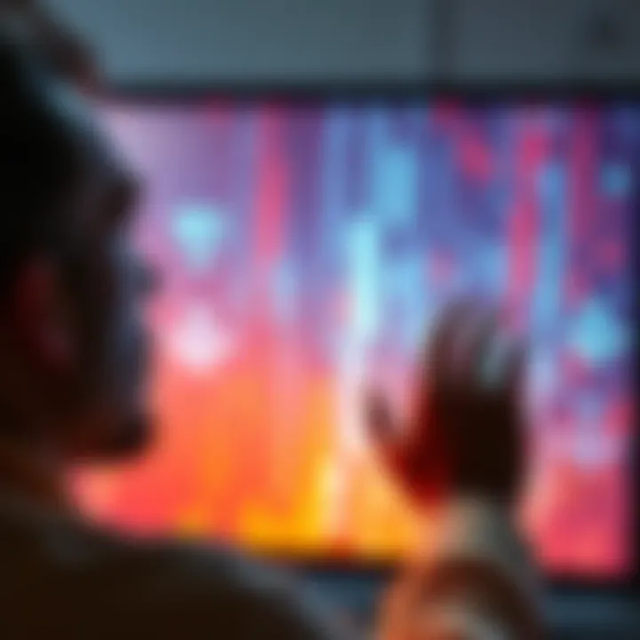 A person looking at a screen showing subliminal video content, with a concerned expression.
