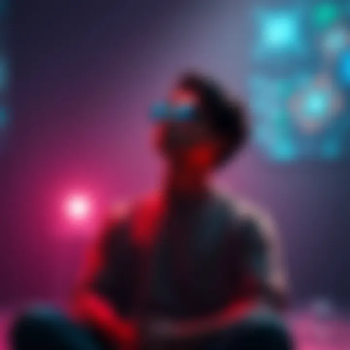 A person sitting calmly with eyes closed, surrounded by soft light and visual cues aimed at enhancing eyesight.