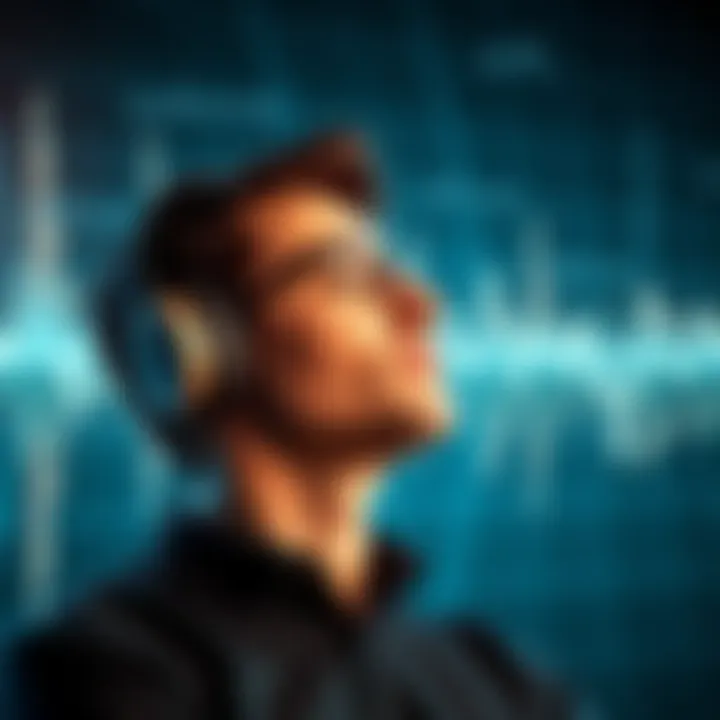 A person wearing headphones, relaxed, with a visual of audio waves and affirming words surrounding them, representing the impact of subliminal messages on the mind.