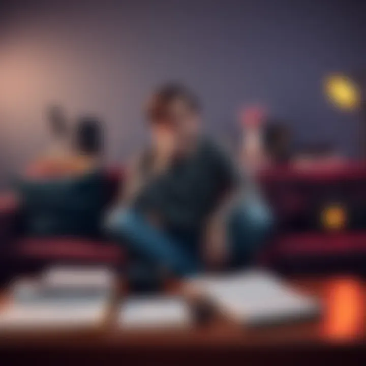 A person sitting on a couch with a thoughtful expression, surrounded by notebooks and sound equipment related to subliminal messaging, reflecting on emotional experiences.