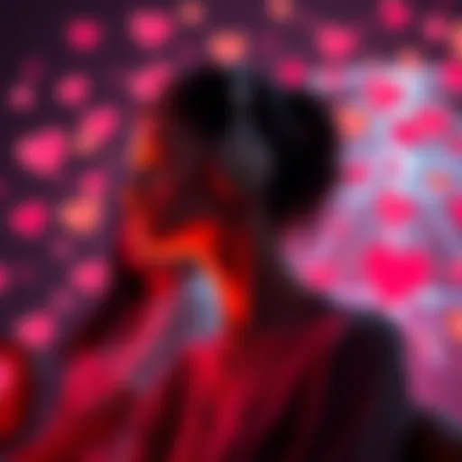 A person listening to subliminal audio while visualizing their ideal boyfriend, surrounded by heart symbols and positive energy vibes.