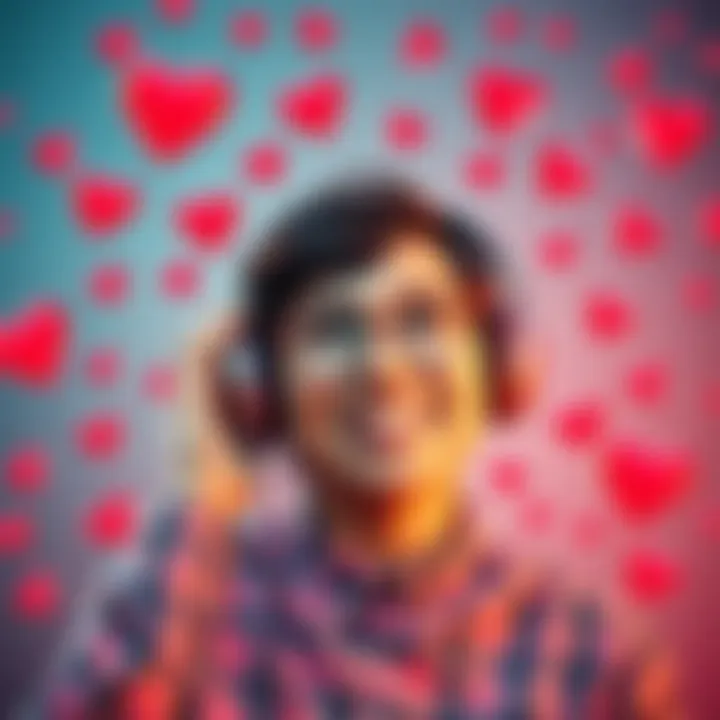 A cheerful person listening to audio with headphones, surrounded by hearts and symbols of love, eager to attract a boyfriend.