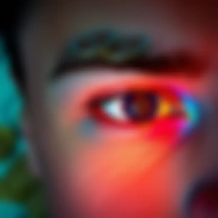 A close-up of a person's eyes showing a change in color, with a background representing wealth and prosperity, like coins and bills.