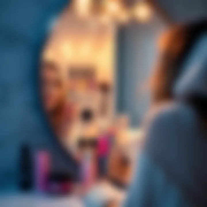A woman looking in a mirror with a soft glow, surrounded by beauty products and inspiration from social media, reflecting her beauty journey with subliminals