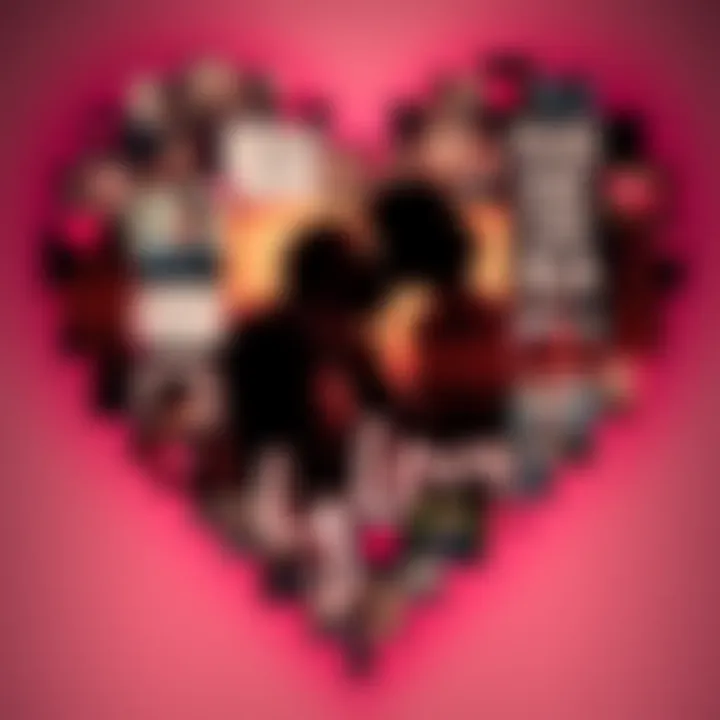 A heart-shaped collage featuring images of couples, affirmations, and subtle sound waves, symbolizing subliminal messages for reconnection, conveying emotions of love and hope.