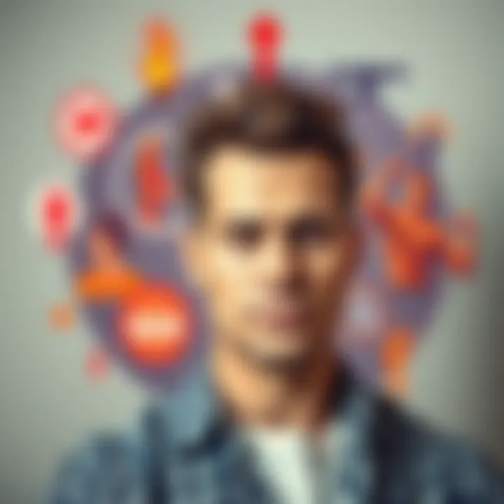 A man looking confident and fit, surrounded by symbols of hair regrowth, height, and muscle growth. He represents the benefits of using subliminal messages for personal improvement.