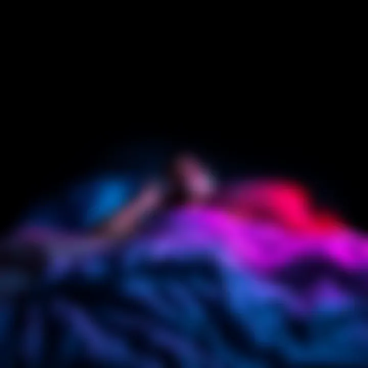 Person listening to subliminal audio in bed A person lying in bed with headphones on, surrounded by a dark room, symbolizing a journey into subliminal messaging while asleep