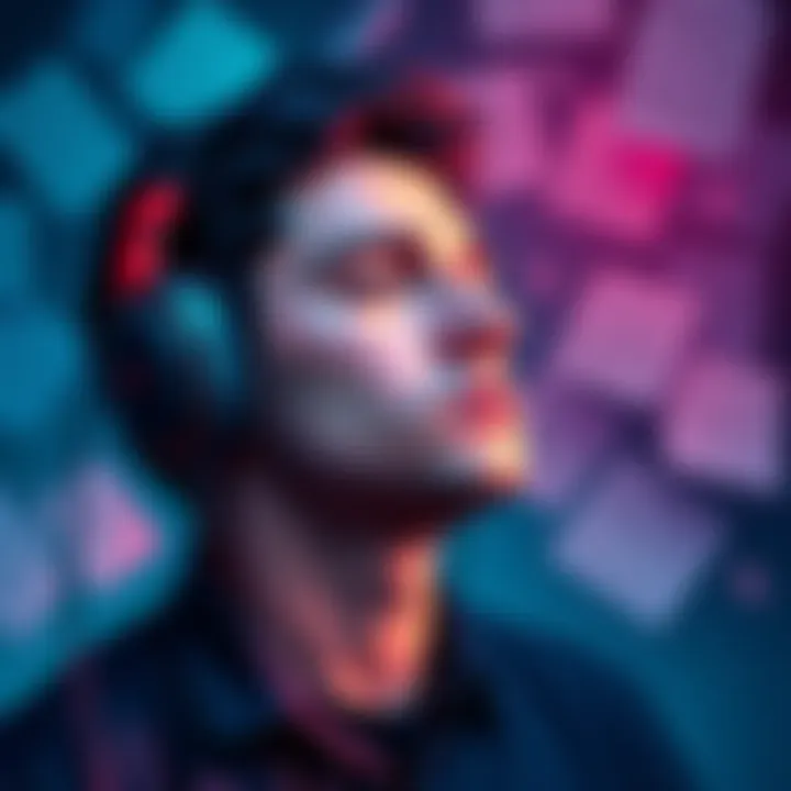 A person wearing headphones, relaxed and focused, surrounded by notes about job success and health tips, symbolizing the use of subliminal messaging.