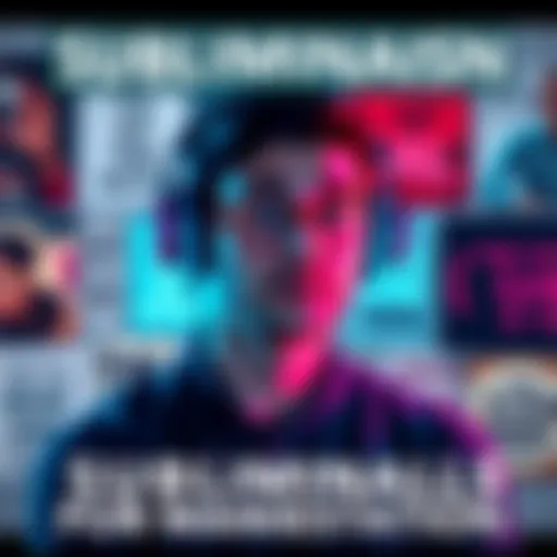 A person listening to subliminal audio with headphones, surrounded by motivational quotes and images of goals, like a dream board.