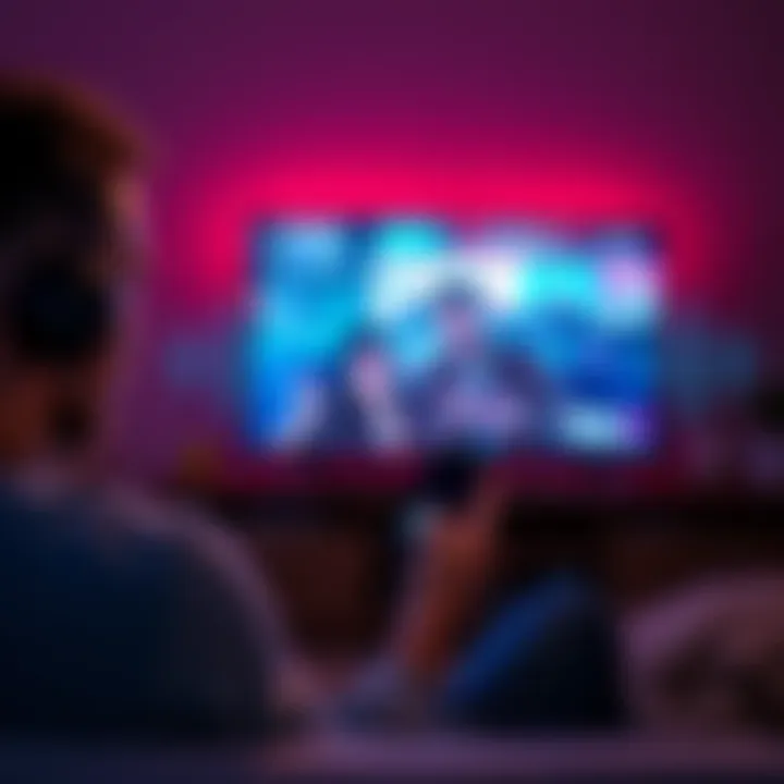 A person multitasking by watching a reality show on TV and scrolling through a mobile app, with soundwaves depicted around them to represent subliminal audio.
