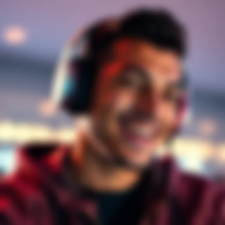 Individual smiling while listening to subliminal messages with headphones, feeling positive and motivated.