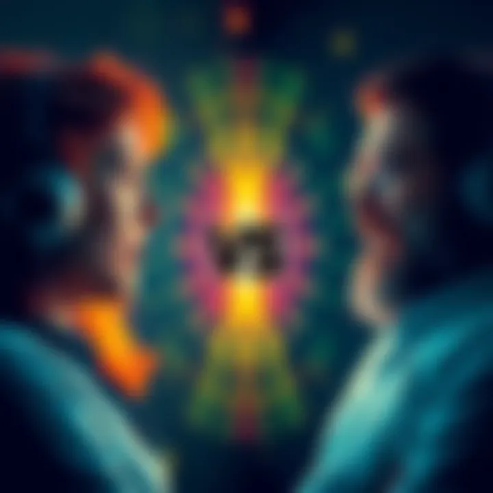 A split image showing a person listening to short subliminal playlists on one side and another person engaging in a longer session with a High Frequency Guru on the other side, both focusing on personal development