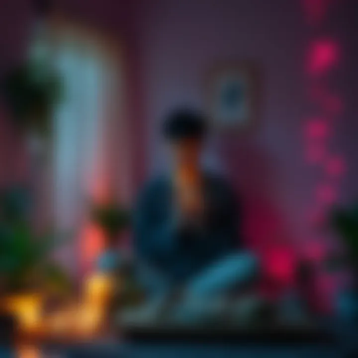 Person practicing spiritual cleansing in a small, cozy room without incense, using crystals and plants.