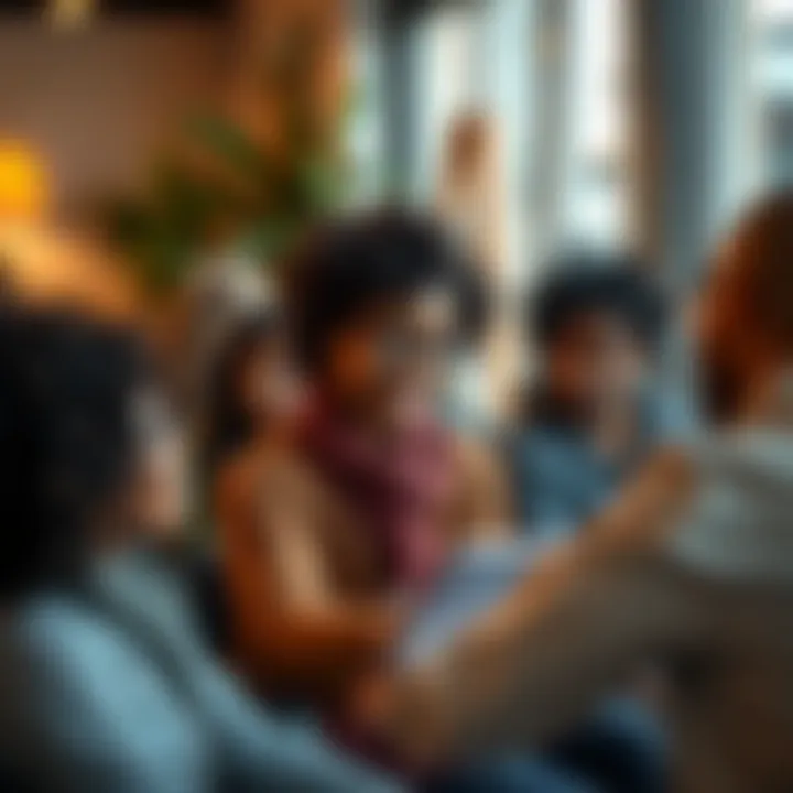 A group of diverse individuals sharing their inspiring success stories in a warm, inviting setting
