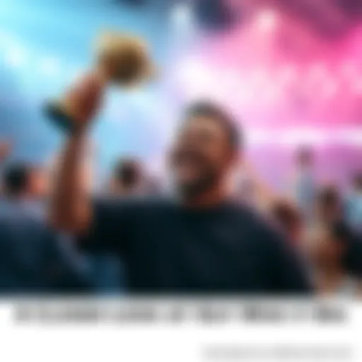 Man with a big smile holding a trophy in a crowded room, symbolizing success and achievement