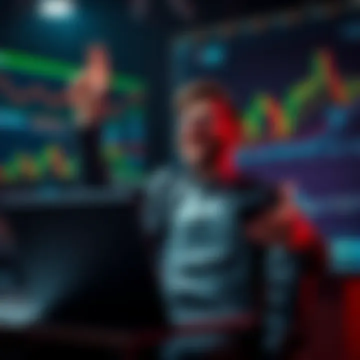 Successful Trader Celebrating A trader celebrating their success with a laptop and financial charts, showcasing profit and achievements, symbolizing triumph in trading.