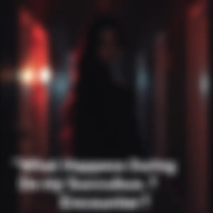 A shadowy figure of a woman with alluring features stands in a dimly lit room, creating an atmosphere of mystery and intrigue.
