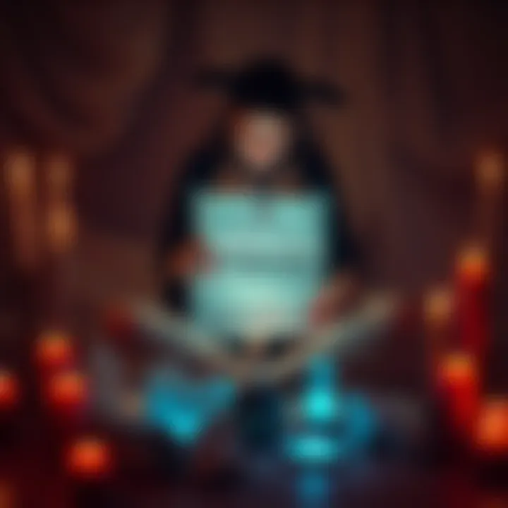 A person sits cross-legged on the floor surrounded by candles and crystals, focusing on a piece of paper with written intentions for summoning a succubus, creating a mystical atmosphere.