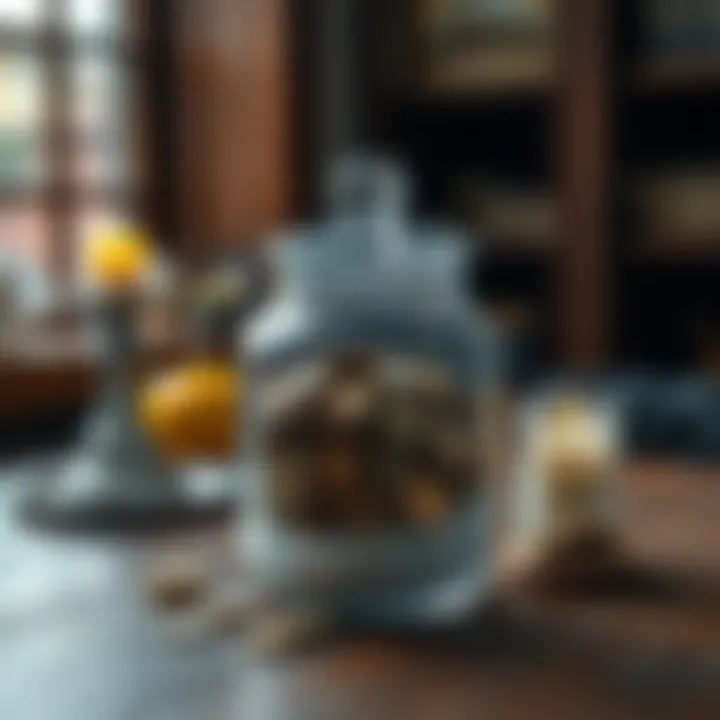 A decorative jar filled with sugar and coins, symbolizing financial abundance, placed on a wooden table with a candle nearby.