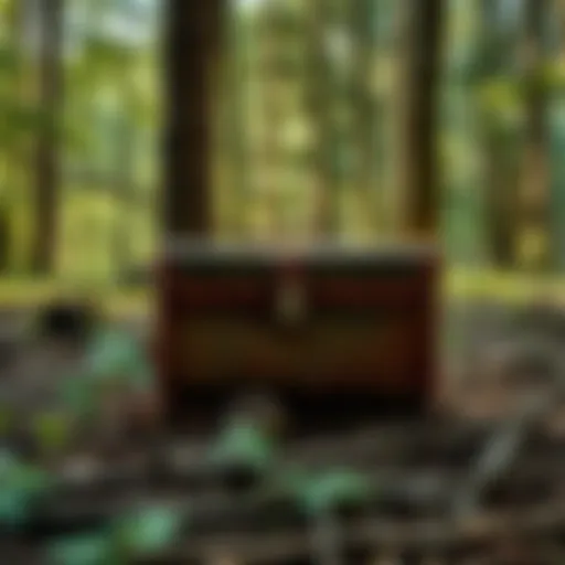 A worn suitcase placed among trees in a forest, hinting at untold stories and adventures.