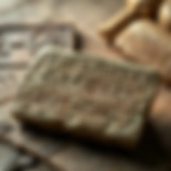 Sumerian Tablet with Ancient Writing A close-up of a Sumerian tablet displaying cuneiform writing, symbolizing ancient knowledge and potential alien contact, placed on a rustic surface.