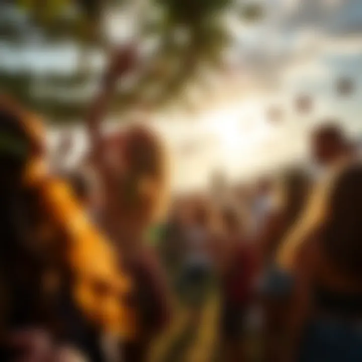 A vibrant gathering of new pagans celebrating the Summer Solstice with outdoor festivities, adorned with greenery and seasonal decorations.