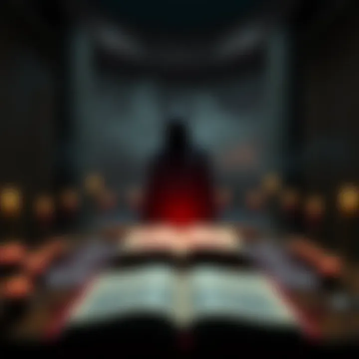 A dark room with candles arranged in a circle, an open book with symbols, and a shadowy figure emerging from the center