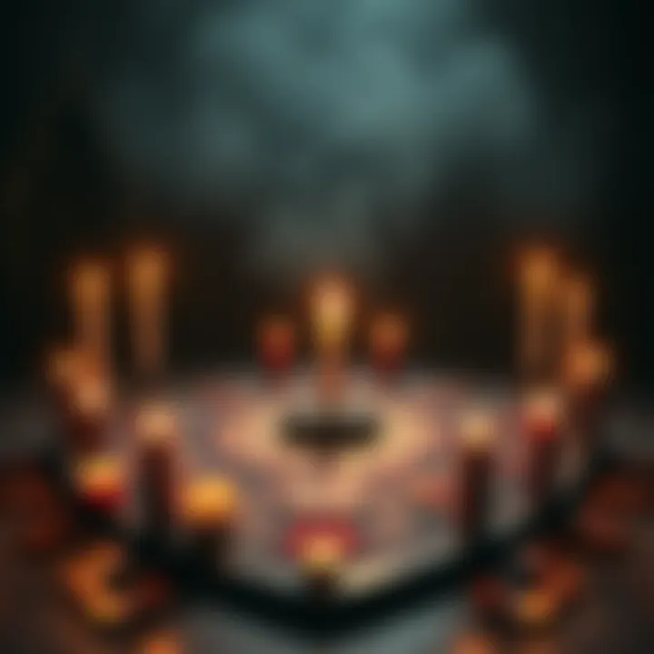A ritual summoning circle with candles and symbols, representing the practice of Demon Magick and the experience of summoning King Paimon.