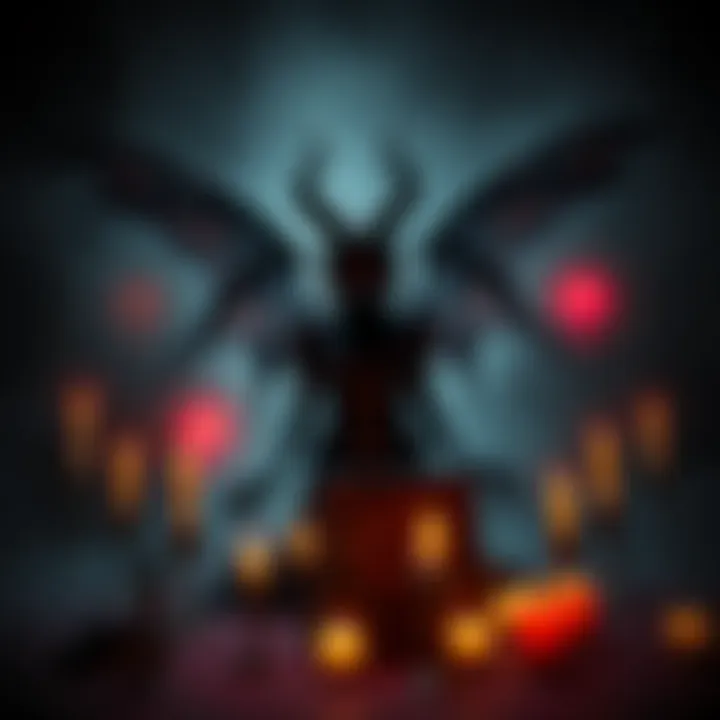 A dark figure representing a succubus with wings, surrounded by mystical symbols and candles, in a dimly lit room.