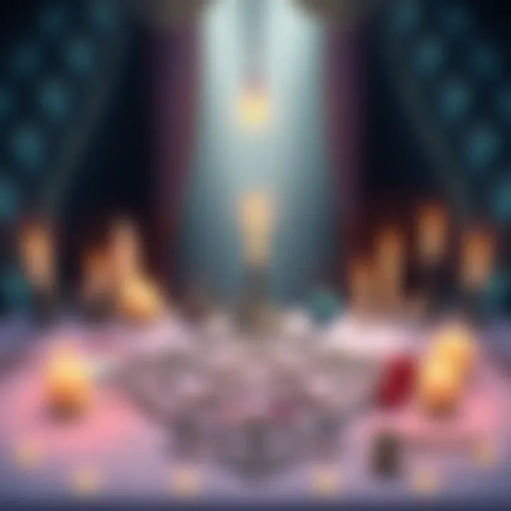 An illustration of a table set for a summoning ritual featuring candles, a pentagram, and various items like herbs and crystals.