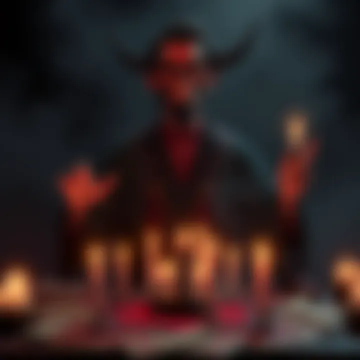 A person performing a mystical summoning ritual with candles and symbols to invoke the demon Paimon, surrounded by an atmospheric dark setting.