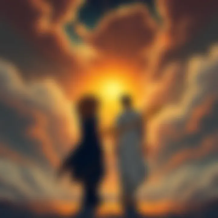 Illustration of two figures representing Sun and Saturn standing apart, showing tension in relationships with cloudy skies above, symbolizing misunderstandings.