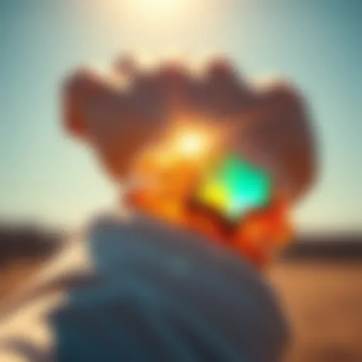 A person wearing a vibrant bracelet that symbolizes the sun, radiating warmth and energy, with sunlight reflecting off it