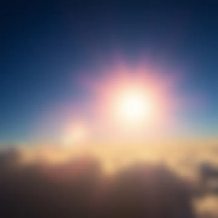 A bright sun shining in a blue sky with a visible crescent moon during the day
