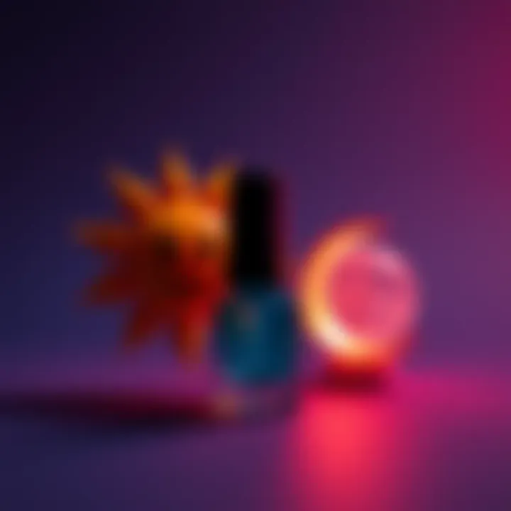 Sun and Moon Emojis with Nail Polish A bright sun emoji, a glowing moon emoji, and a bottle of nail polish placed together, representing digital communication through symbols.